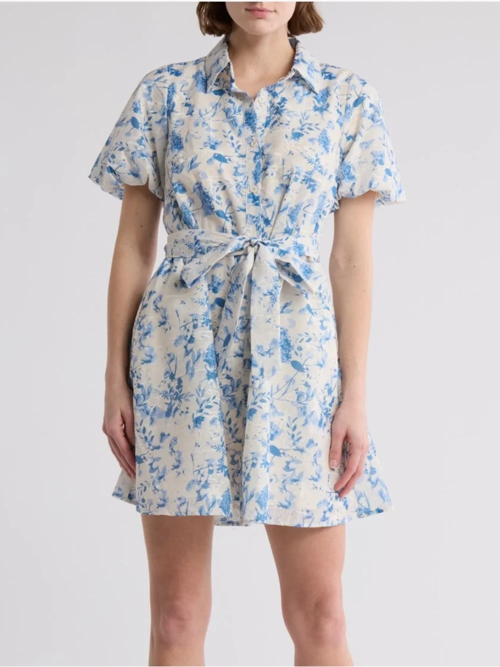 Sam Edelman Blue Floral Tie-Waist Mini Shirt Dress